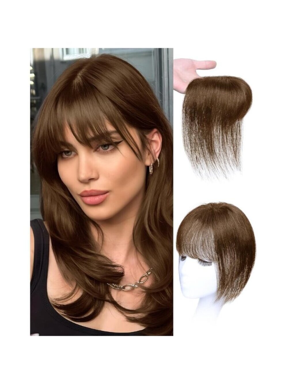 Women Brown Real Human Hair Topper 10 Inch Clip In Bangs Medium Silk BASE - Picture 1 of 7
